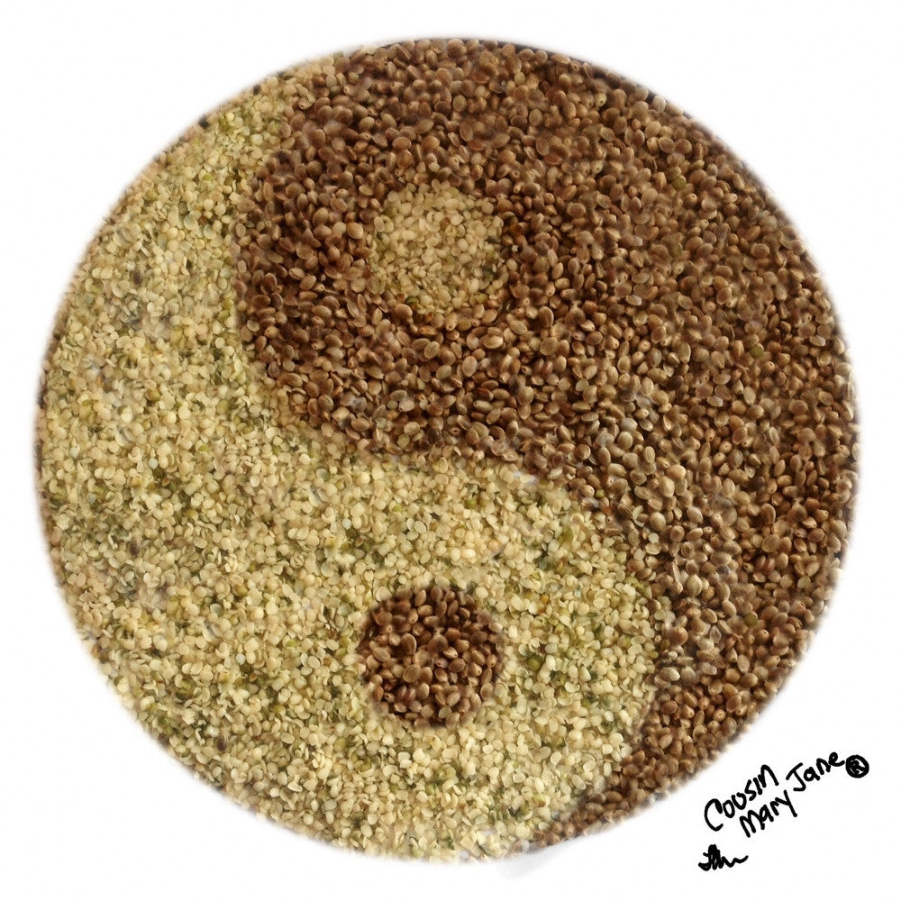 ying yang sign made out of hemp seeds and hearts
